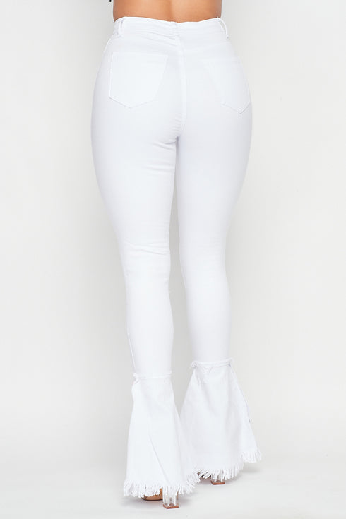 Super High Waisted Distressed Flare Jeans - White - SohoGirl.com
